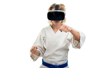 Portrait of female wearing martial arts costume and vr googles