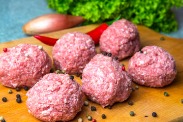 raw mince patties in a cooking . cutlets are prepared for cutting board