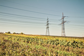 Hochspannungmast auf einem Feld an einem sommerlichen Tag