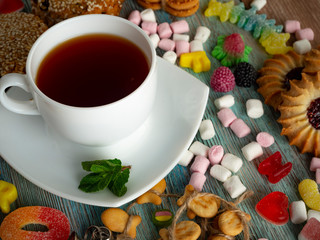 tea,biscuits,marmalade,kurabe,marshmallows,colored,tree,peppermint,marshmallows,