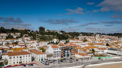 Portugal, Ribatejo Region, Santarem, Coruche on the banks of the Sorraia River. Aerial view in...