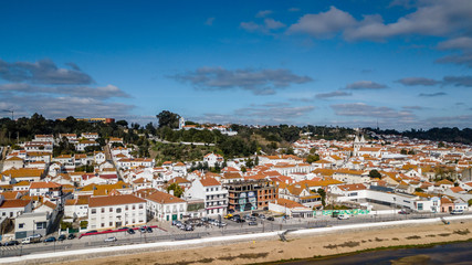 Portugal, Ribatejo Region, Santarem, Coruche on the banks of the Sorraia River. Aerial view in drone..