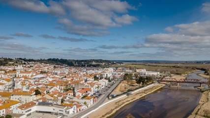 Obraz premium Portugal, Ribatejo Region, Santarem, Coruche on the banks of the Sorraia River. Aerial view in drone..