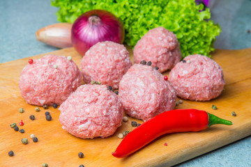 raw mince patties in a cooking . cutlets are prepared for cutting board
