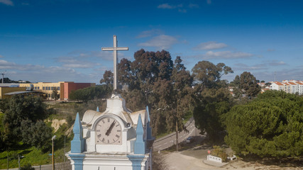 Castle church, in Coruche, Ribatejo Region, Portugal. Aerial view in drone.