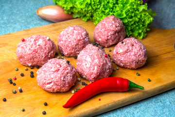 raw mince patties in a cooking . cutlets are prepared for cutting board