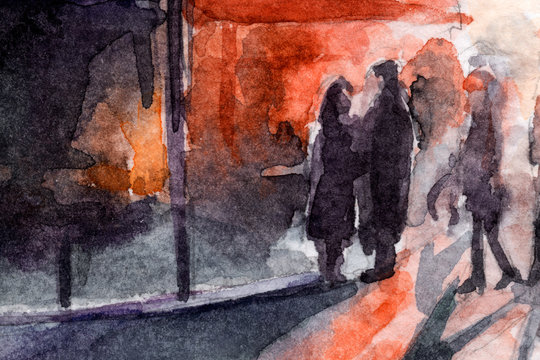 dawn in the city. watercolor. Street