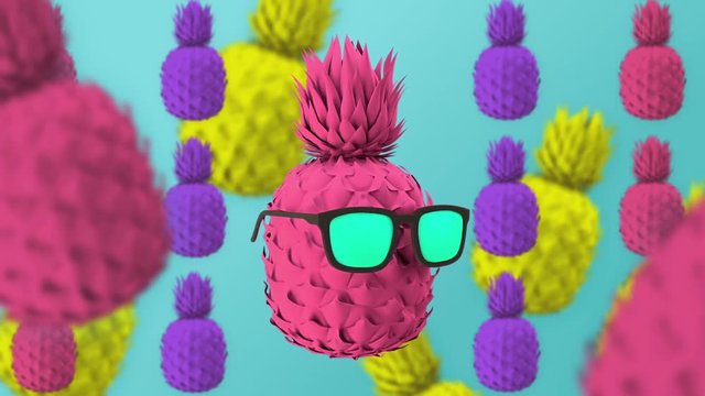 Colored pineapple in green glasses, mint blue background, rotating colorful fruits, minimal, zing, abstract collage, food graphics, motion design, 3d animation.