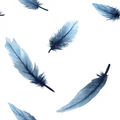 Behang Aquarel veren naadloze patroon. Aquarel illustratie vallende blauwe veren gerangschikt in naadloze patroon. © Anastasiia