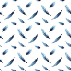 Watercolor feathers seamless pattern. Watercolour illustration falling blue feathers arranged in seamless pattern.