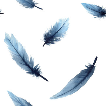 Watercolor feathers seamless pattern. Watercolour illustration falling blue feathers arranged in seamless pattern.