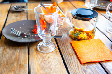 dirty dishes and glasses on the table
