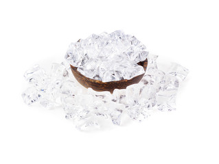 ice cubes in the wooden bowl isolated  on white background