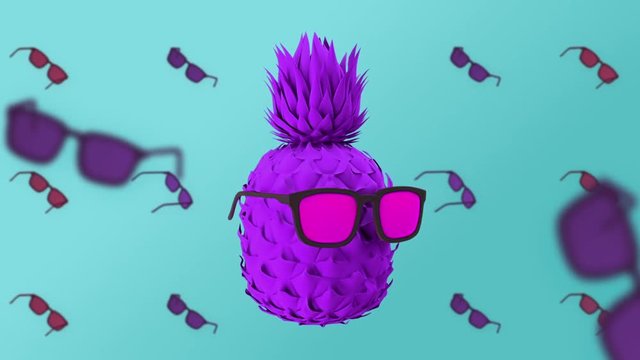 Colorful pineapple in glasses, mint blue background, rotating glasses, minimal, zine, abstract collage, food graphics, motion design, 3d animation.