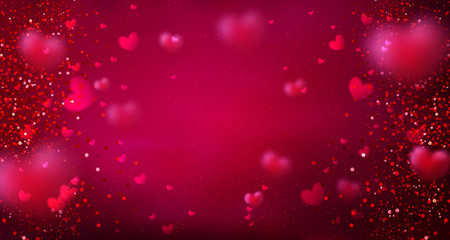 Happy Valentine's Day greeting card. Cute love banner for 14 February. Holiday background with 3d hearts, light, stars