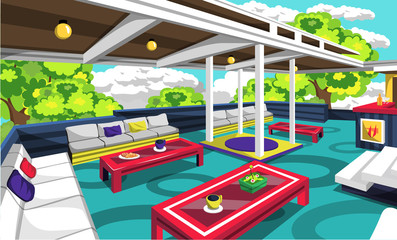 Rooftop Cafe Outdoor With Cozy Sofa, Red Table, Yellow Lamps, Chair And Bars For Vector Illustration Restaurant Outdoor Ideas