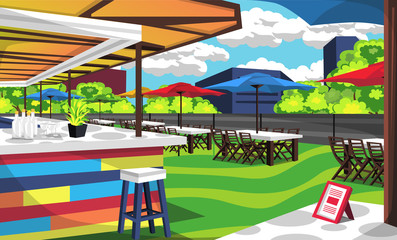 Rooftop Cafe Outdoor With Big Table And Chair With Umbrella Cafe Tent, Bars Order, Foods, Bottles For Vector Illustration Restaurant Outdoor Ideas