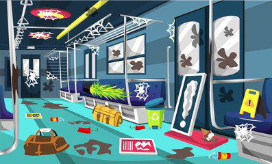 Dirty Train Commuter Line Railway Compartment With Colorful Interior, Little Tree, Trash Can, Wall Picture, Floor Sign For Vector Illustration Ideas