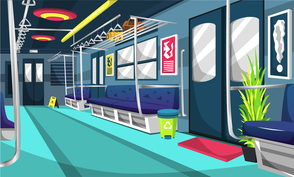 Clean Train Commuter Line Railway Compartment With Colorful Interior, Little Tree, Trash Can, Wall Picture, Floor Sign For Vector Illustration Ideas