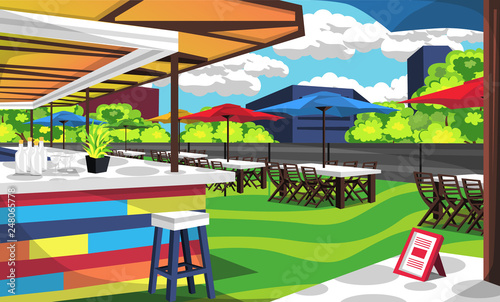 Rooftop Cafe Outdoor With Big Table And Chair With Umbrella