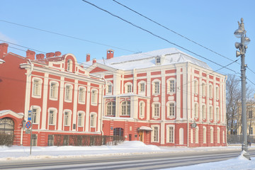 Fototapeta na wymiar Building of Petersburg State University at night in St. Petersburg,.