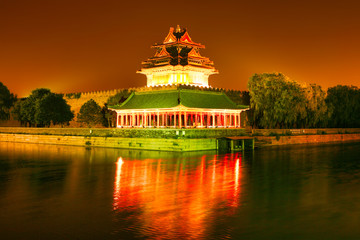 Obraz premium Night lighting corner towers of the Forbidden City. Beijing, China.