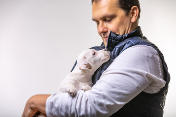 Horizontal portrait of handsome cheerful man holds jack russell terrirer, has glad expression