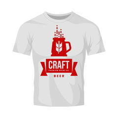 Modern craft beer drink vector logo sign for bar, pub, store, brewhouse or brewery isolated on white t-shirt mock up. Premium quality mug logotype illustration. Brewing fest fashion badge design.