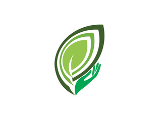 hand with leaves for plants care for logo design