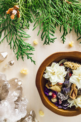 Dried Flowers and Herbs with Smoky Quartz and Incense Cedar
