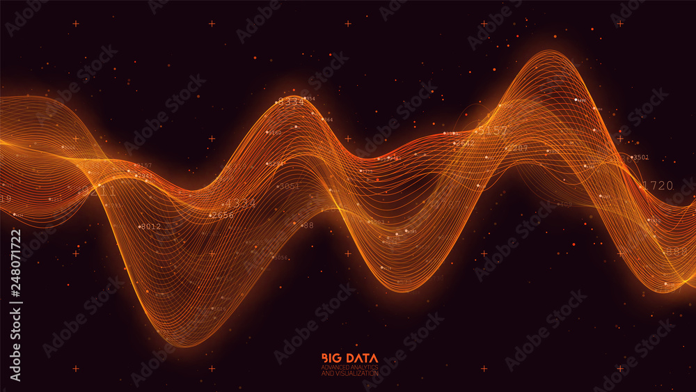 Poster Big data orange wave visualization. Futuristic infographic. Information aesthetic design. Visual data complexity. Complex business chart analytics. Social network representation. Abstract data graph.