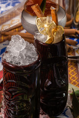 Selection of colorful festive drinks, alcoholic beverages and cocktails in elegant glasses