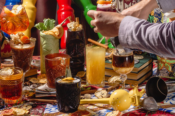 Selection of colorful festive drinks, alcoholic beverages and cocktails in elegant glasses