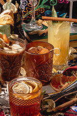 Selection of colorful festive drinks, alcoholic beverages and cocktails in elegant glasses