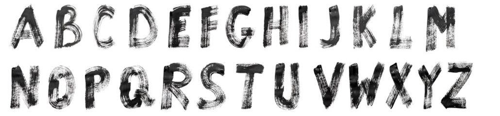 English alphabet written in black paint on a white isolated background.