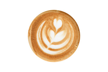 Top view of hot coffee cappuccino cup isolated on white background