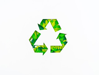 Green color recycling sign made from paper leaves. Cut tropics plant.