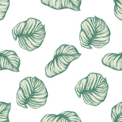 Seamless pattern with hand drawn pastel philodendron, calathea