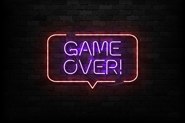 Vector realistic isolated neon sign of Game Over logo for template decoration and covering on the wall background. Concept of gaming.