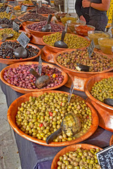 Olives of every kind for sale at the Ajaccio, Corsica outdoor market.