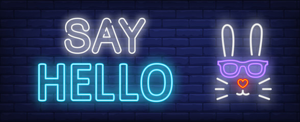 Say hello neon text with rabbit head © RedlineVector