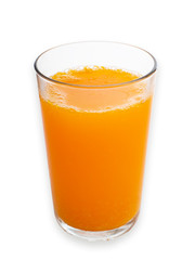 Glass of orange juice on white
