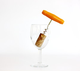 wine corkscrew with cork wine in glass on white background