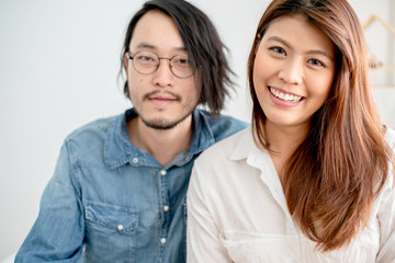 portrait sweet asian couple happiness and smiling together home sweet home ideas concept