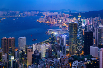 Modern city at night, Hong Kong, China.