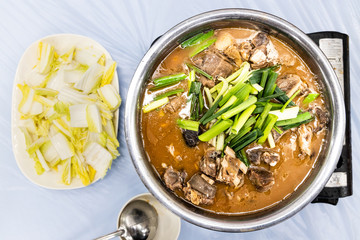 Overhead view stew lamb pot, delicacy in Hong Kong winter