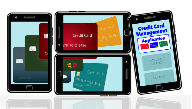Here is an image about cell phone apps that help you manage and keep track of credit cards and credit card spending. Cards and the application appear on multiple phones.