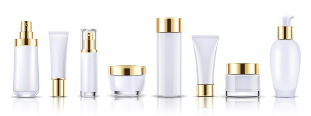 Set gold cosmetic bottles packaging mockup, ready for your design, vector illustration.