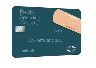 Here is a Flexible Spending Account medical insurance debit card in a modern design and is decorated with an adhesive bandaid to go with the medical spending theme.