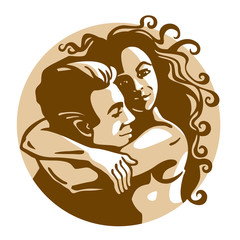 Happy hugging people couple in love. Beautiful young woman hug of handsome man. Vector graphic illustration. Concept of romantic relationships. Close-up portrait of two lovers or husband and wife.